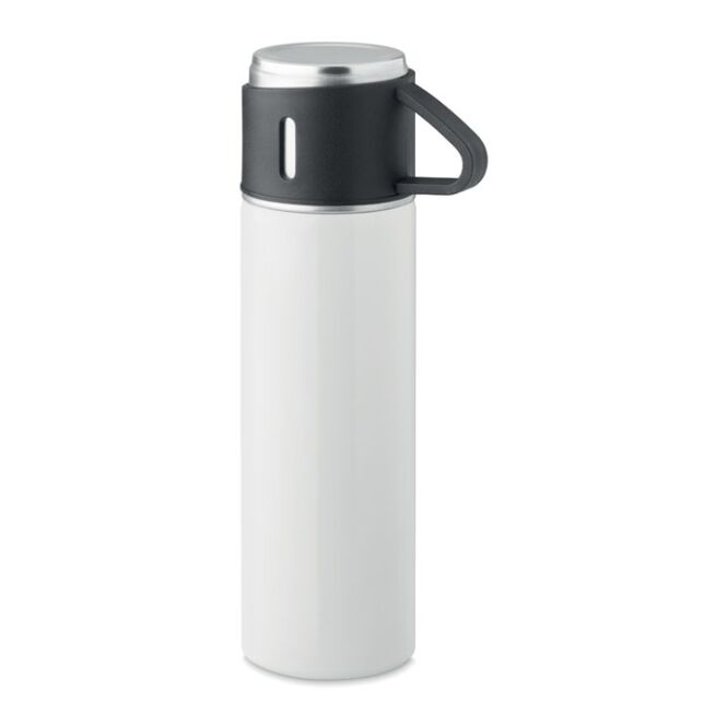 Firmengeschenk Flasche und Becher-Set 2tlg. mit Lasergravur – Weiß – doppelwandiges Trinkgefäß für Geschäftspartner und Mitarbeiter
