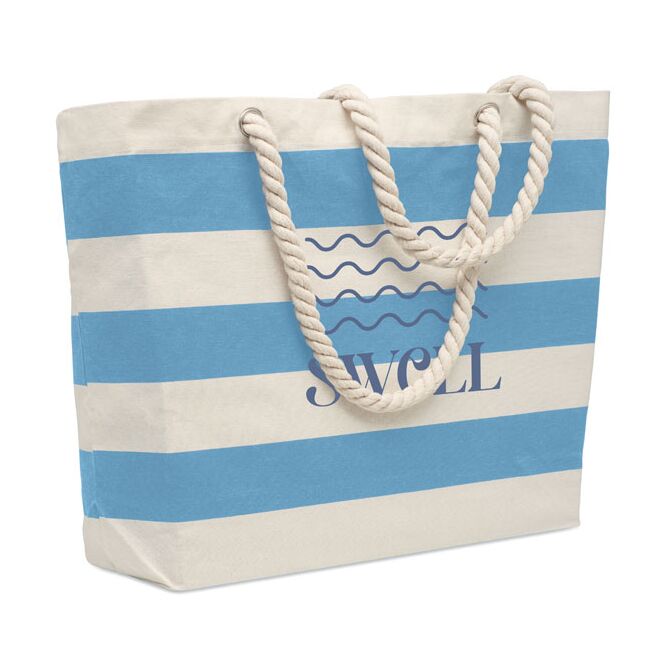 Werbeartikel Strandtasche Baumwolle – himmelblau – mit Logo bedruckt als große Beachtasche für das Sommerfest & Firmen-Events