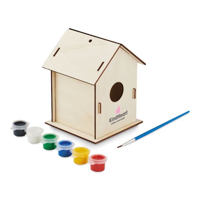 Werbeartikel DIY-Vogelhäuschen aus Pappelholz – holzfarben – mit Logo bedruckt 6er Set für Schulen, Kitas & Gastronomie