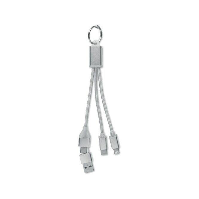 Streuartikel 4in1 Ladekabel – silber – mit Logo bedruckt 4in1 Typ-C & Typ-A & Micro-B für den Büroalltag