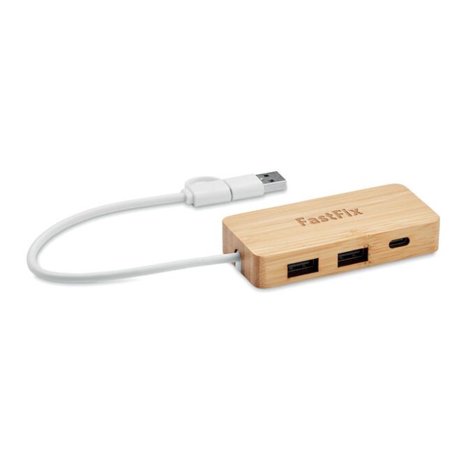 Werbeartikel 3 Port USB Hub aus Bambus mit Gravur – Holzfarben – nachhaltiges Computerzubehör für Büros und Konferenzen
