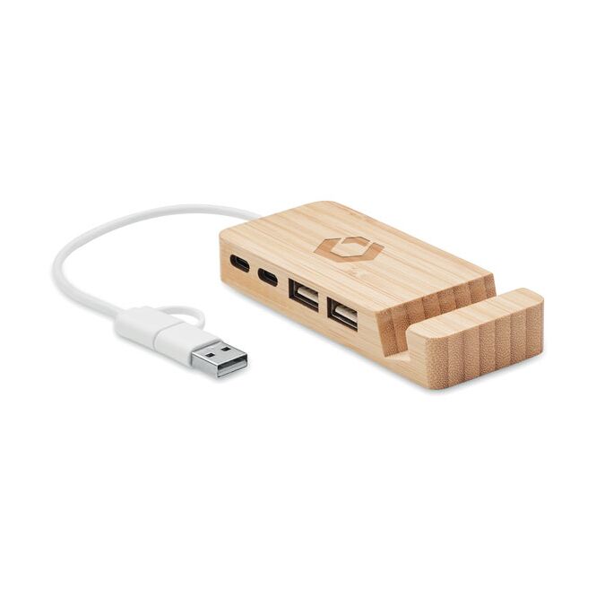 Firmengeschenk 4 Port USB Hub mit Gravur – Holzfarben – nachhaltiges Computerzubehör für Büro und Konferenzen
