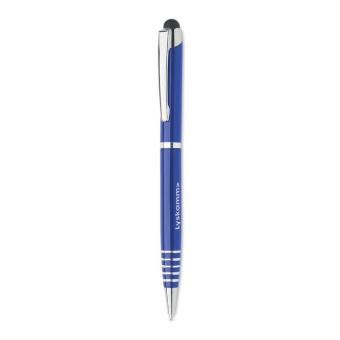 Werbeartikel Drehkugelschreiber mit Stylus aus recyceltem Aluminium mit Gravur – Blau – hochwertiges Schreibgerät für Messen und Büro