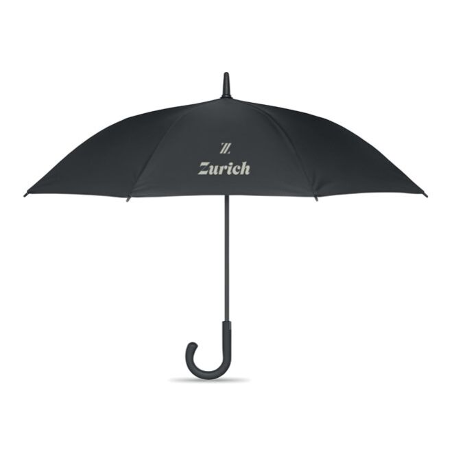 Werbeartikel 23 Zoll Automatikschirm mit Logodruck – Schwarz – windbeständiger Regenschirm für Firmen und Messen