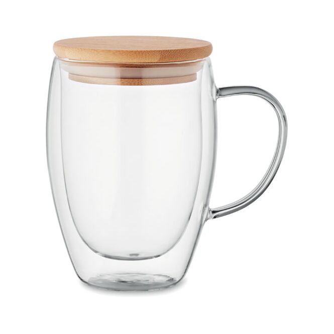 Werbeartikel Doppelwandiges Borosilikatglas 300 ml mit Gravur – Weiß – nachhaltige Glastasse für Büro und Meeting