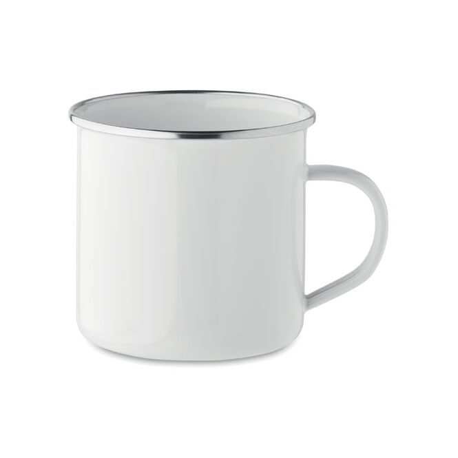 Werbeartikel Emaille-Becher 500 ml mit Logodruck – Weiß – klassische Tasse für Firmenevents und Büro