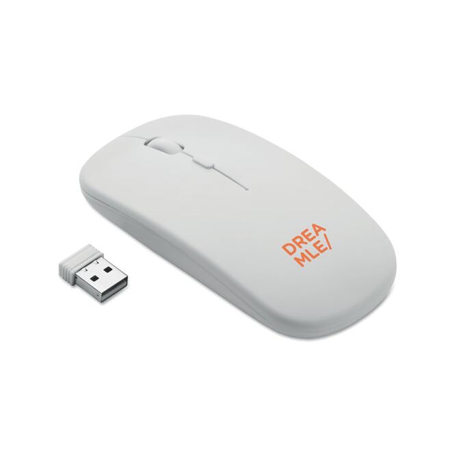 Werbeartikel optische Mouse mit Logodruck – aus recyceltem ABS – Weiß – kabelloses Computerzubehör für Büro und Business