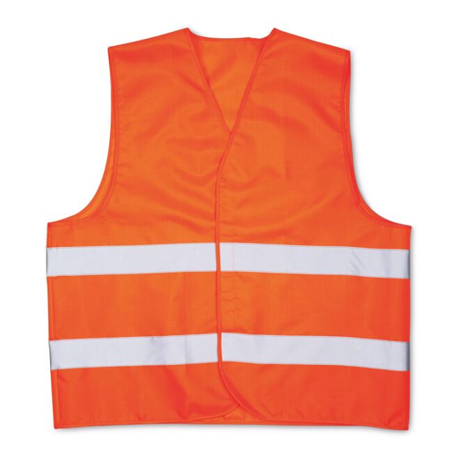 Messeartikel Sicherheitsweste – orange – mit Logodruck, EN17353 zertifiziert, hohe Sichtbarkeit, zertifizierte Sicherheitsweste für Firmen