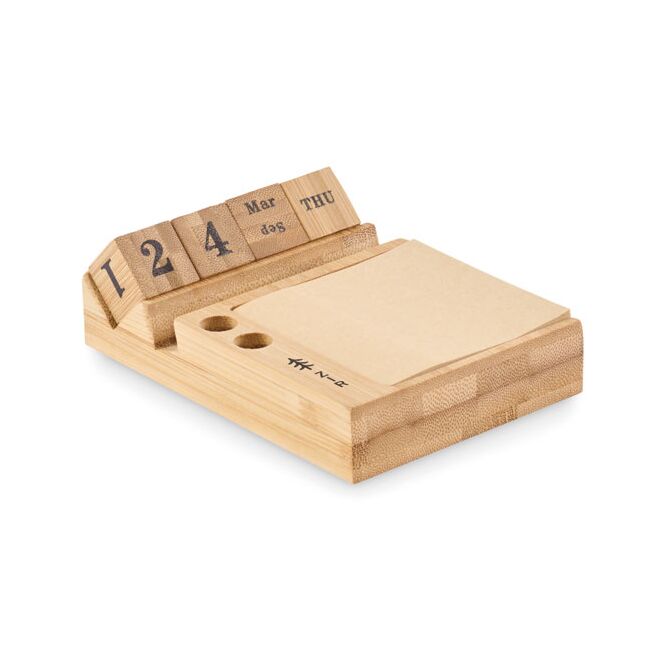 Werbeartikel Tischkalender Bambus 2027 – holzfarben – mit Logo bedruckt als nützliche Schreibtisch-Ausstattung