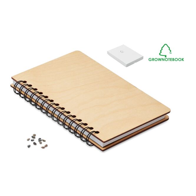 Kundengeschenk DIN A5 Notizbuch GROWBOOK™ – holzfarben – mit Logo bedruckt, nachhaltig aus Birkensamen für den Büroalltag