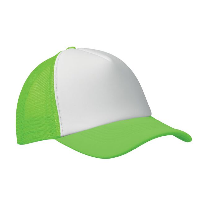 Werbeartikel Truckers Cap 5-Panel 7 1/4 – neon grün – mit Logodruck verstellbarer Kunststoffverschluss aus Polyester klassisches Baseball Cap