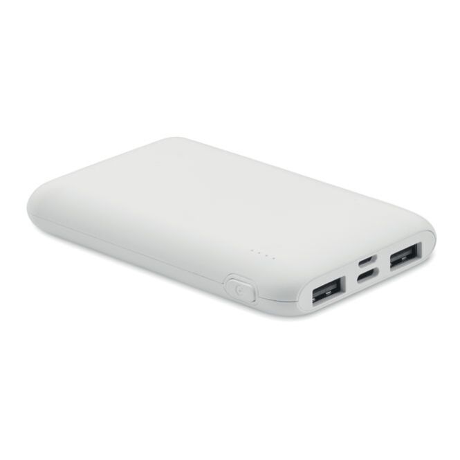 Werbeartikel Powerbank 5000 mAh aus recyceltem ABS mit Logodruck – Weiß – Ladestation für Kunden & Mitarbeiter