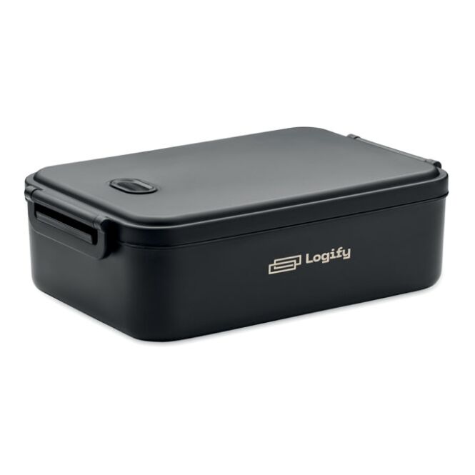 Werbeartikel Lunchbox aus recyceltem PP mit Logodruck – Schwarz – 2200 ml Brotdose für Mitarbeiter und Bürobedarf