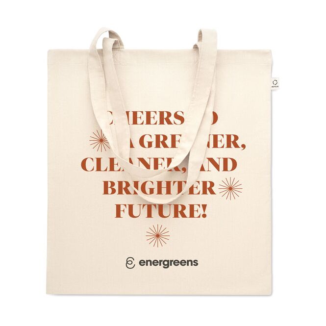 Werbeartikel Einkaufstasche aus recycelter Baumwolle mit Logodruck – Beige – nachhaltige Tragetasche für Firmen