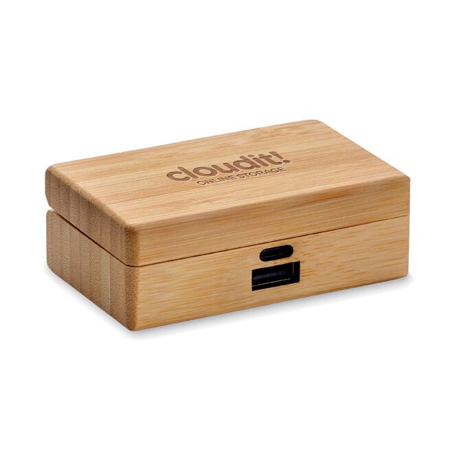 Premium-Werbegeschenk TWS 5.3 Ohrhörer-Set mit Bambuscase mit Gravur – Holzfarben – Soundzubehör für Business und Büro