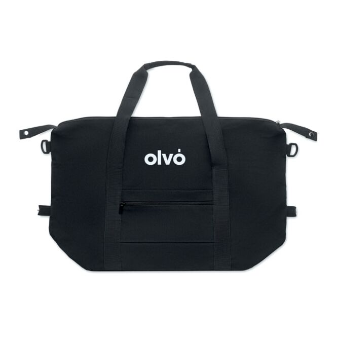 Mitarbeitergeschenk Weekender aus recycelter Baumwolle mit Logodruck – Schwarz – nachhaltige Reisetasche für Geschäftsreisen