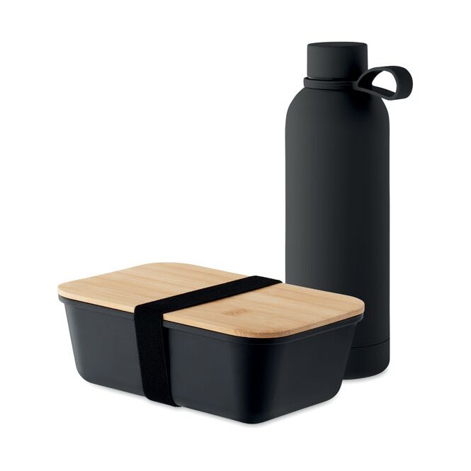 Firmengeschenk 2-teiliges Lunch-Set mit Logodruck – 500ml und 900ml – Schwarz – Auslaufsicheres Set für Büro und Business