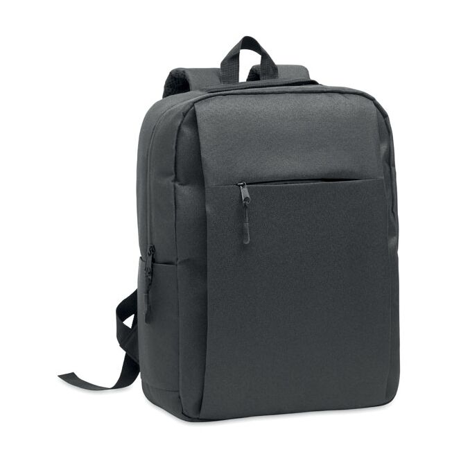 Werbeartikel 15 Zoll Laptop-Rucksack aus RPET mit Logodruck – Dunkelgrau – robuster Computerrucksack für Mitarbeiter und Kunden