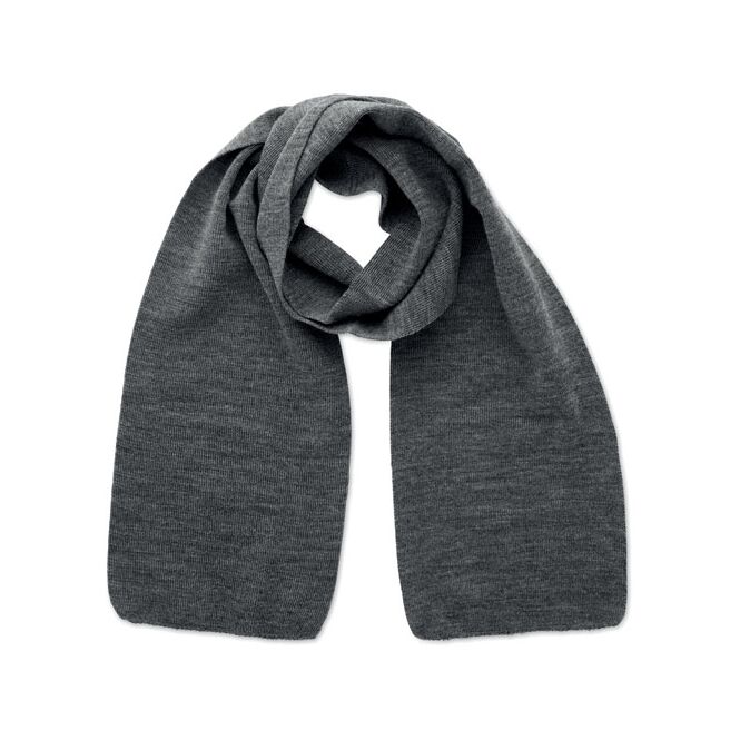 Werbeartikel Schal aus RPET-Polyester mit Logo bestickt – weiß schwarz – nachhaltiges Accessoire für Firmen