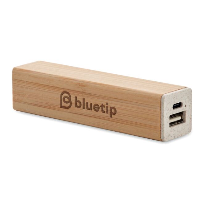 Firmengeschenk Powerbank 2200 mAh mit Gravur – holzfarben – nachhaltiges Technik-Gadget aus Bambus für Messen und Kunden
