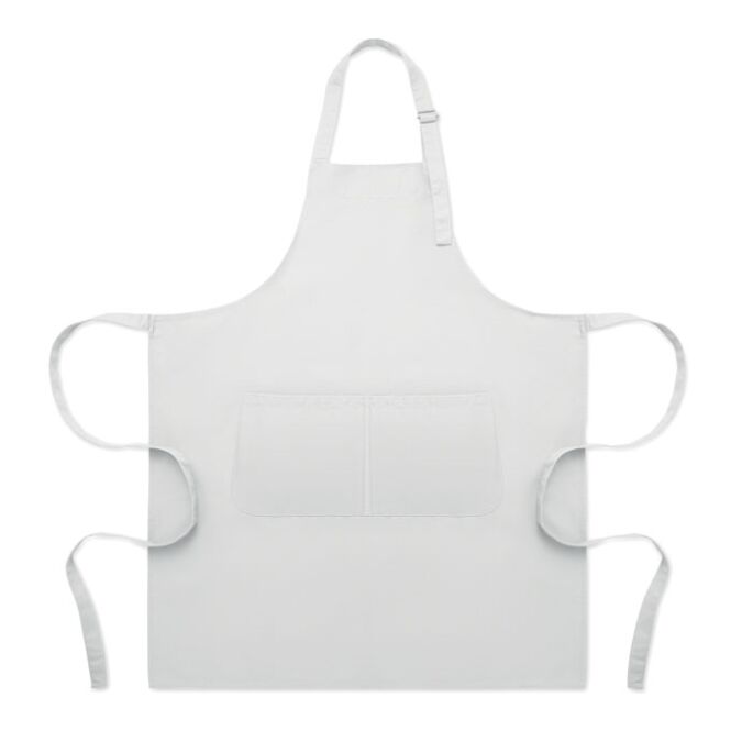 Gastro-Werbemittel Küchenschürze – weiß – mit Logodruck 240 g/m² Polycotton verstellbar mit Taschen als robuste Kochschürze für Gastronomie