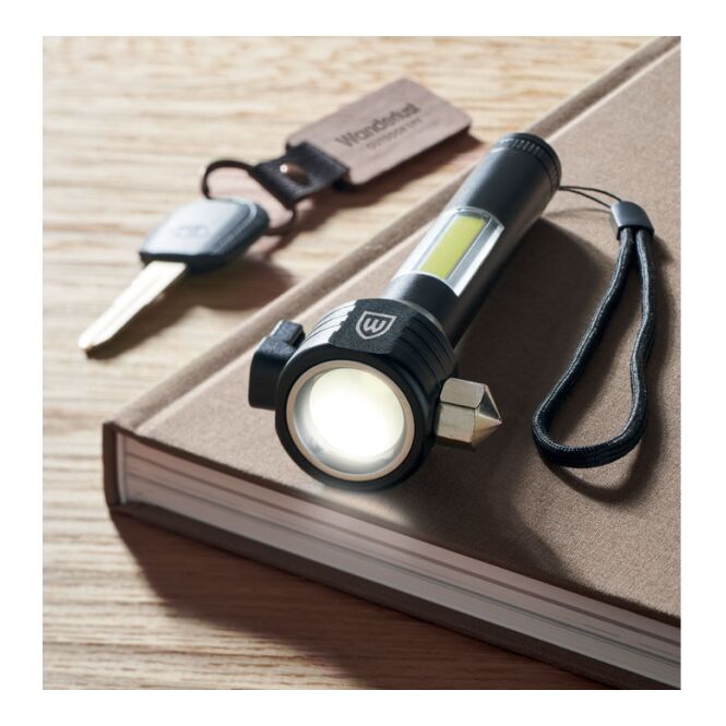 Firmengeschenk 3in1 Taschenlampe aus Aluminium mit Gravur – Schwarz – multifunktionale LED-Leuchte mit Notfallhammer für Kunden und Partner