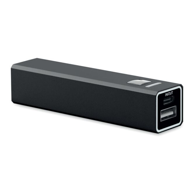 Firmengeschenk Powerbank 2600 mAh mit Gravur – Schwarz – recyceltes Aluminium Akku für Büro und Business