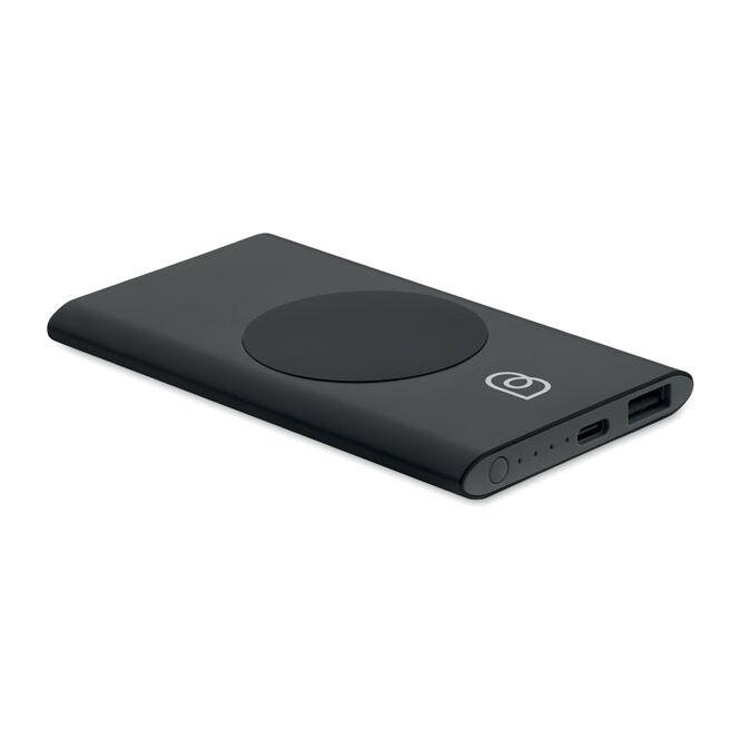 Firmengeschenk Powerbank mit Ladestation 15W aus recyceltem Aluminium mit Gravur – Schwarz – leistungsstarke Akku-Ladestation für das Büro