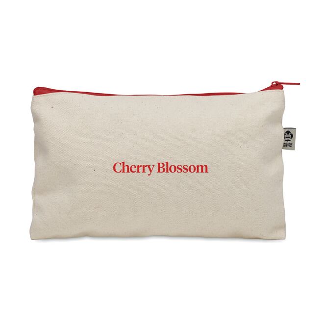 Giveaway Kosmetiktasche Organic Cotton – rot – mit Logodruck, nachhaltiges Necessaire für Firmen-Events und kreative Werbeaktionen
