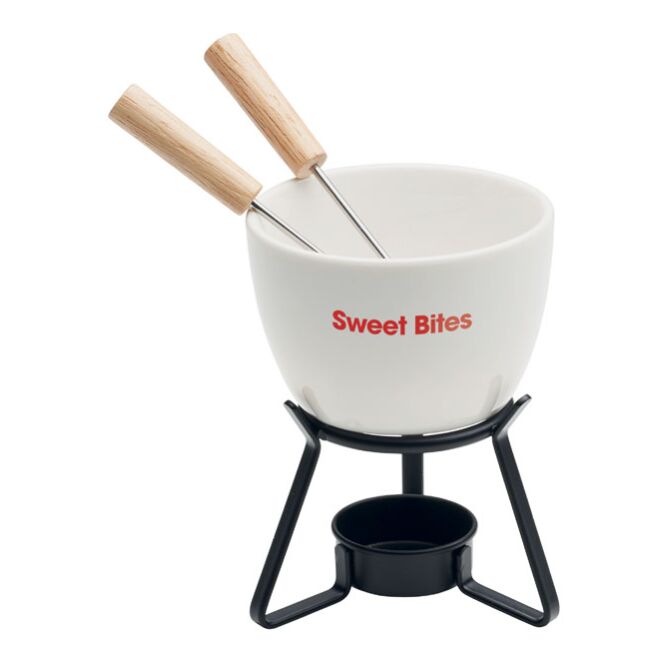 Firmengeschenk Keramik-Fondue-Set mit Logo bedruckt – 240 ml – Weiß – exklusives Küchenzubehör für Firmen und Partner