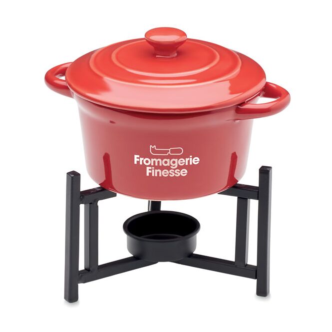 Firmengeschenk Keramik-Fondue-Set mit Logodruck – Rot – kulinarisches Präsent für Kunden und Mitarbeiter
