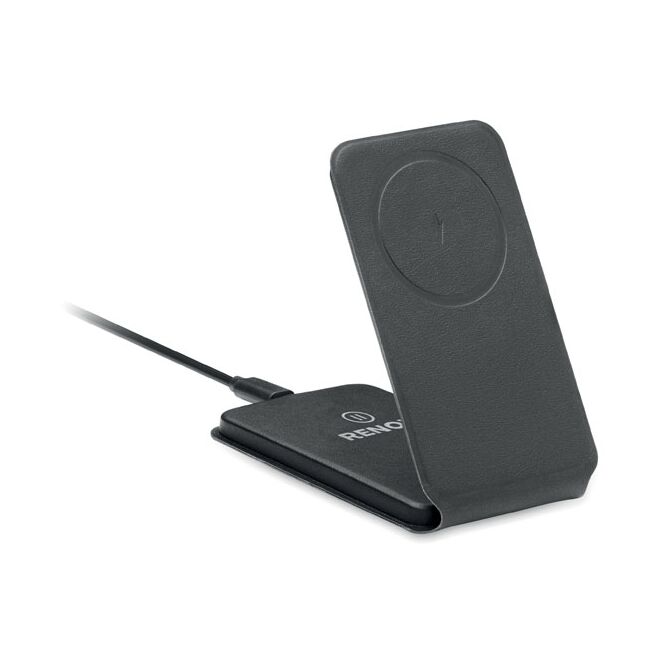 Firmengeschenk klappbares Ladegerät 15W mit Logodruck – Schwarz – kabellose Ladestation für Büro und Business