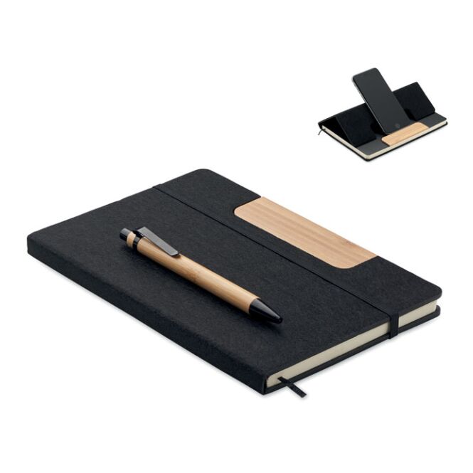 Kundengeschenk DIN A5 Notizbuch-Set – schwarz – mit Logo bedruckt, 2-teilig mit Notizbuch & Bambuskugelschreiber, nachhaltig für Meetings