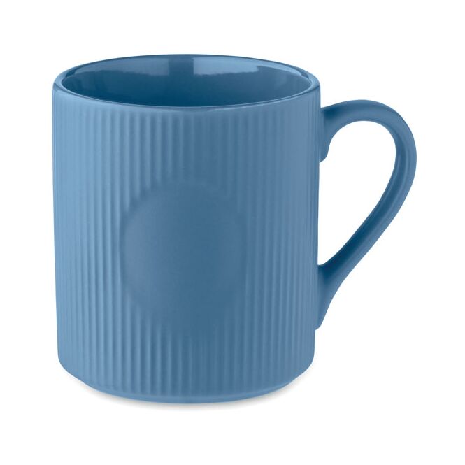 Werbeartikel Kaffeebecher Keramik matt – blau – mit Logodruck 340 ml für die Büroküche