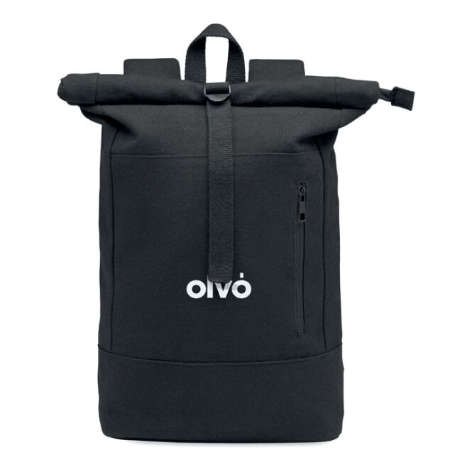 Mitarbeitergeschenk 15 Zoll Rolltop-Laptop-Rucksack mit Logodruck – Schwarz – nachhaltiges IT-Zubehör für das Büro