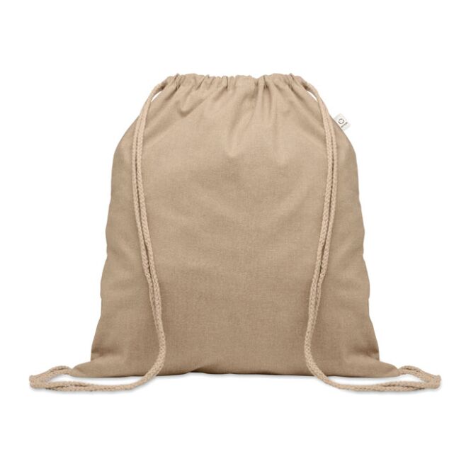 Werbeartikel Beutel mit Kordelzug aus recycelter Baumwolle mit Logodruck – Khaki – nachhaltige Stofftasche für Firmen und Messen