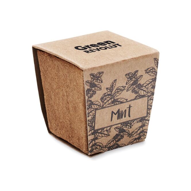 Werbeartikel Pflanz-Set Minze mit Logodruck – Beige – nachhaltiges Naturprodukt für Büro und Messen