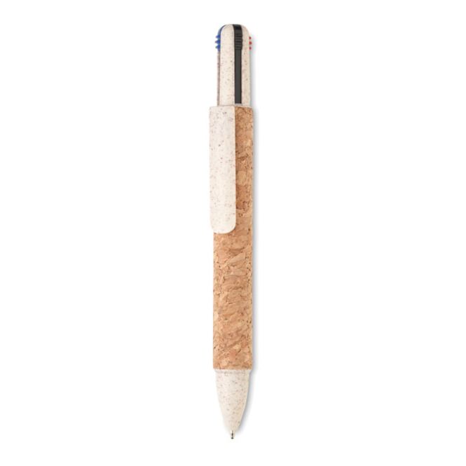 Werbeartikel 4-Farb-Kugelschreiber mit Logodruck – Beige – nachhaltiges Schreibgerät aus Kork für Messen und das Büro