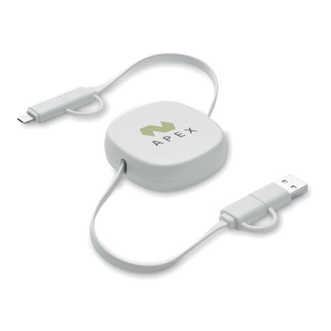 Streuartikel Einziehbares Ladekabel 60W – weiß – mit Logo bedruckt, 80 cm, 2in1 Anschlüsse, nachhaltiges recyceltes ABS für den Büroalltag