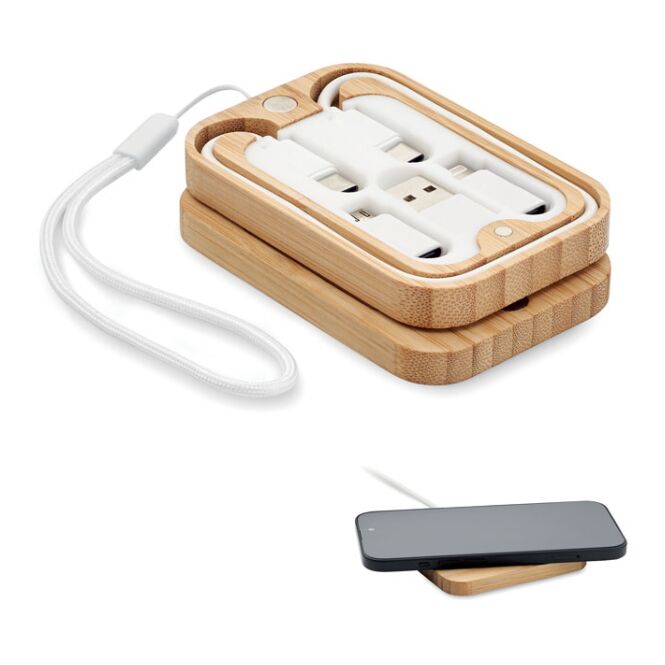 Premium-Werbegeschenk 15W Ladestation mit Gravur – Holzfarben – 3in1 Ladekabel für Büro und Technik