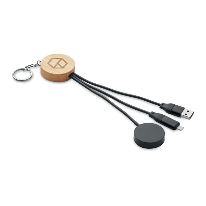 Streuartikel 4in1 Ladekabel 60W mit Bambus-Details – schwarz – mit Logo bedruckt nachhaltiges Technik-Gadget für den Büroalltag