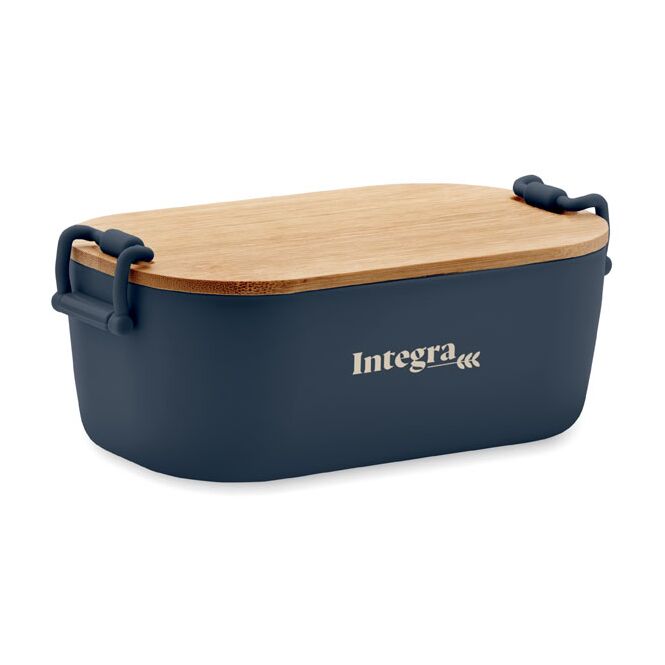 Werbeartikel Lunchbox aus PP mit Bambusdeckel mit Logodruck – Marineblau – 700 ml Vorratsbehälter für Büro & Kantine