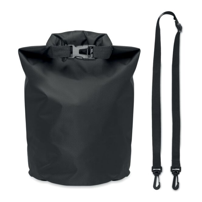 Werbeartikel wasserfester 5L Beutel aus RPET mit Logodruck – Schwarz – trockener Packsack für Outdoor-Events und Promotion