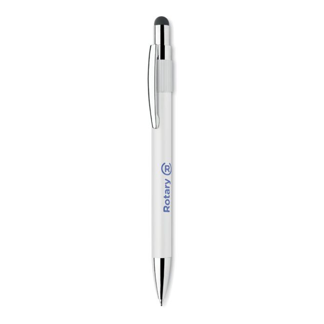 Kundengeschenk Metall-Kugelschreiber mit Stylus – weiß – mit Logo bedruckt, blau schreibender Druckkugelschreiber für den Büroalltag