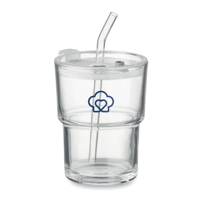 Werbeartikel Glasbecher mit Gravur – Transparent – auslaufsicherer Trinkbecher für Büro und Catering