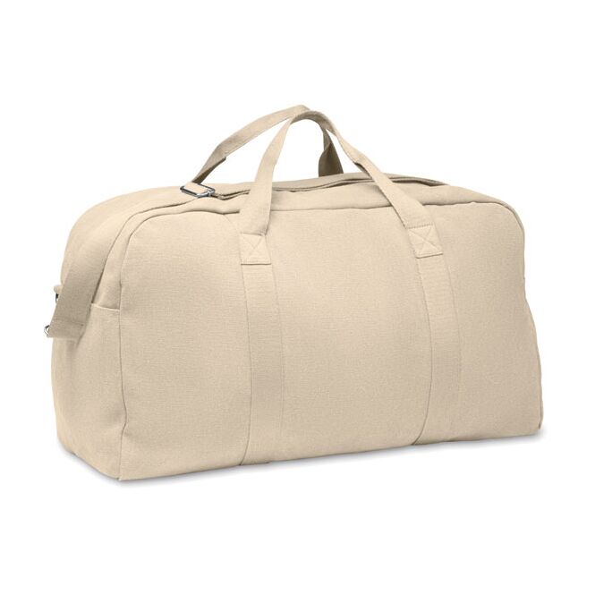 Werbeartikel Sport- und Reisetasche aus recyceltem Material mit Logodruck – Beige – nachhaltige Tasche für Business und Reisen