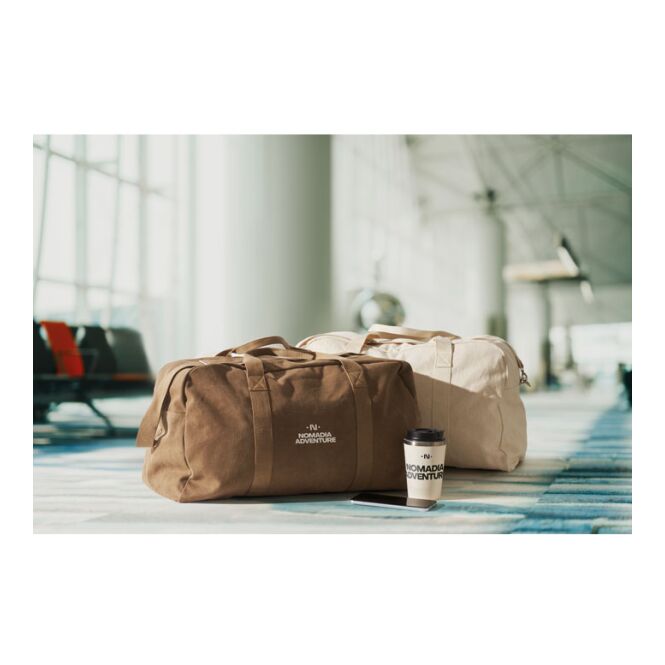 Firmengeschenk Tasche 450 g/m² – khaki – mit Logodruck aus 60% recycelter Baumwolle & 40% rPET, nachhaltige Mehrwegtasche für CSR