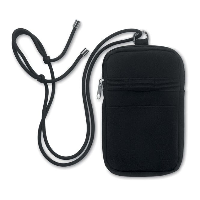 Streuartikel Crossbody-Smartphone-Tasche aus recycelter Baumwolle – schwarz – mit Logo bedruckbar, nachhaltig für den Büroalltag