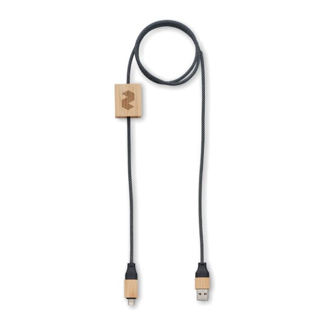 Mitarbeitergeschenk 60W Ladekabel aus RPET und Bambus mit Logodruck – Holzfarben – nachhaltiges Ladezubehör für Büro und Business