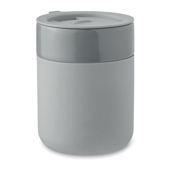 Werbeartikel Kaffeebecher Keramik – grau – mit Logodruck 330 ml für die Büroküche